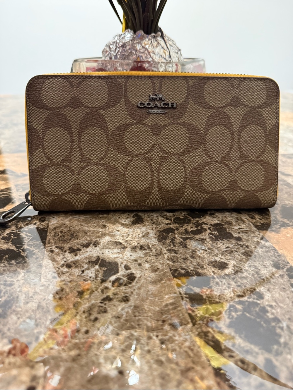 Coach Signature Zip Wallet in Brown with Tan Trim